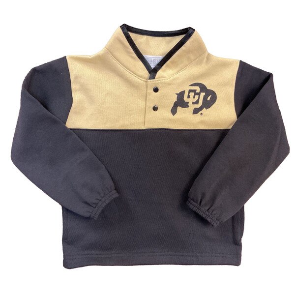 A black toddler's sized quarter snap. The top half is Vegas gold, and there is a black printed CU Buffalo logo on the left chest.